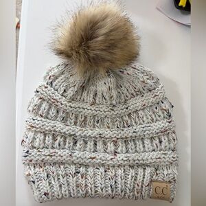C.C Kids Cream Knit Beanie with Multicolor Speckles and Faux Fur Pom